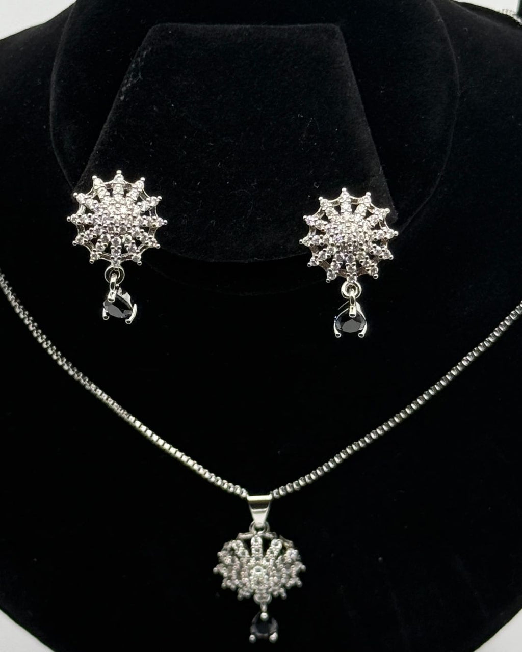 Silver Sunburst Crystal Pendant & Earrings Locket Set