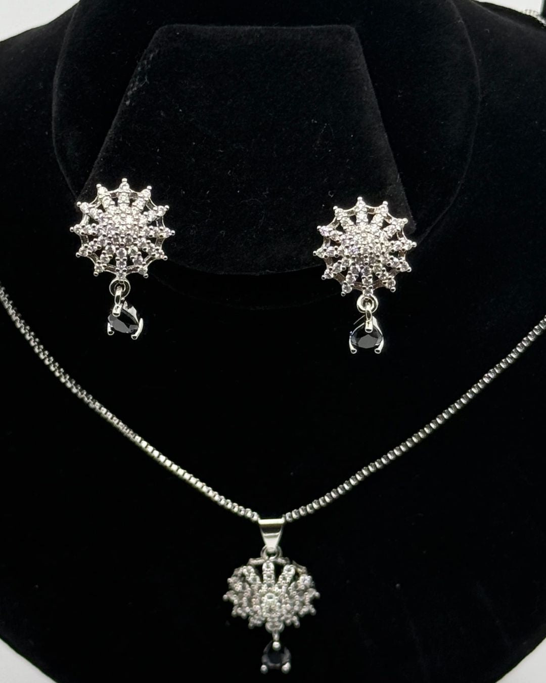 Silver Sunburst Crystal Pendant & Earrings Locket Set