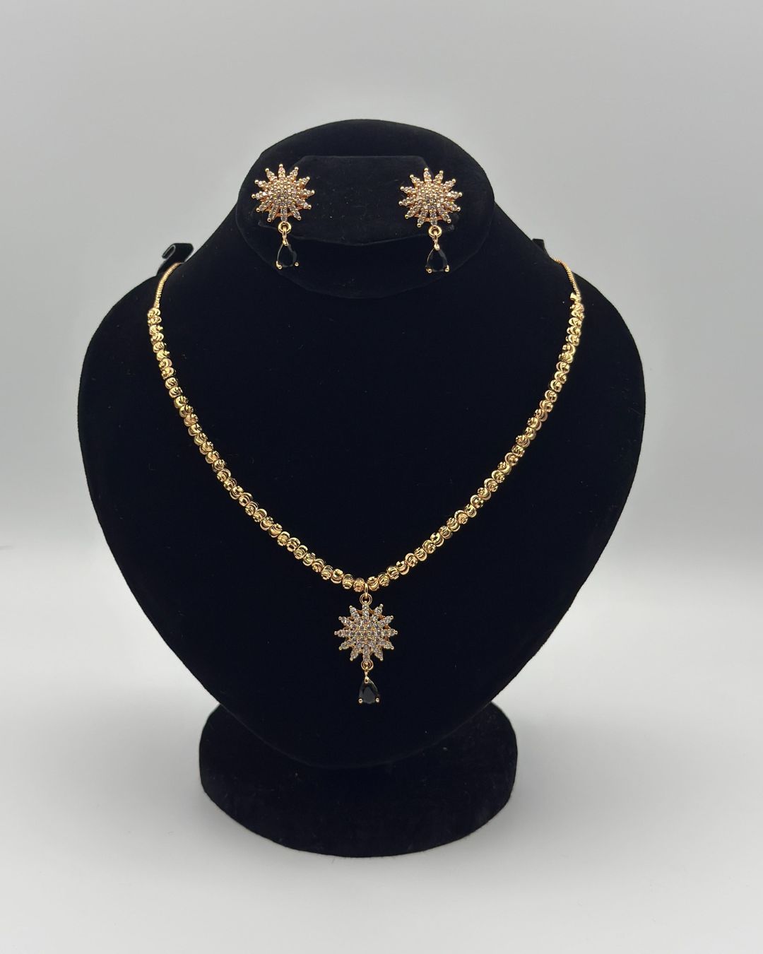 Gold Starburst Pendant Locket Set with Earrings – White Crystal