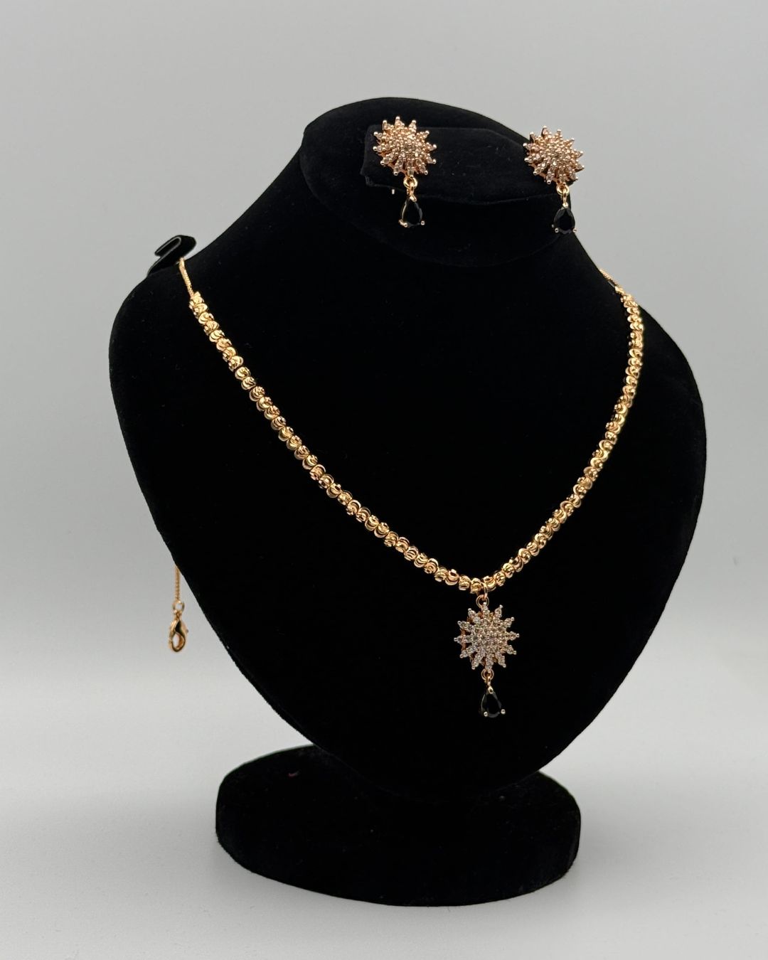 Gold Starburst Pendant Locket Set with Earrings – White Crystal