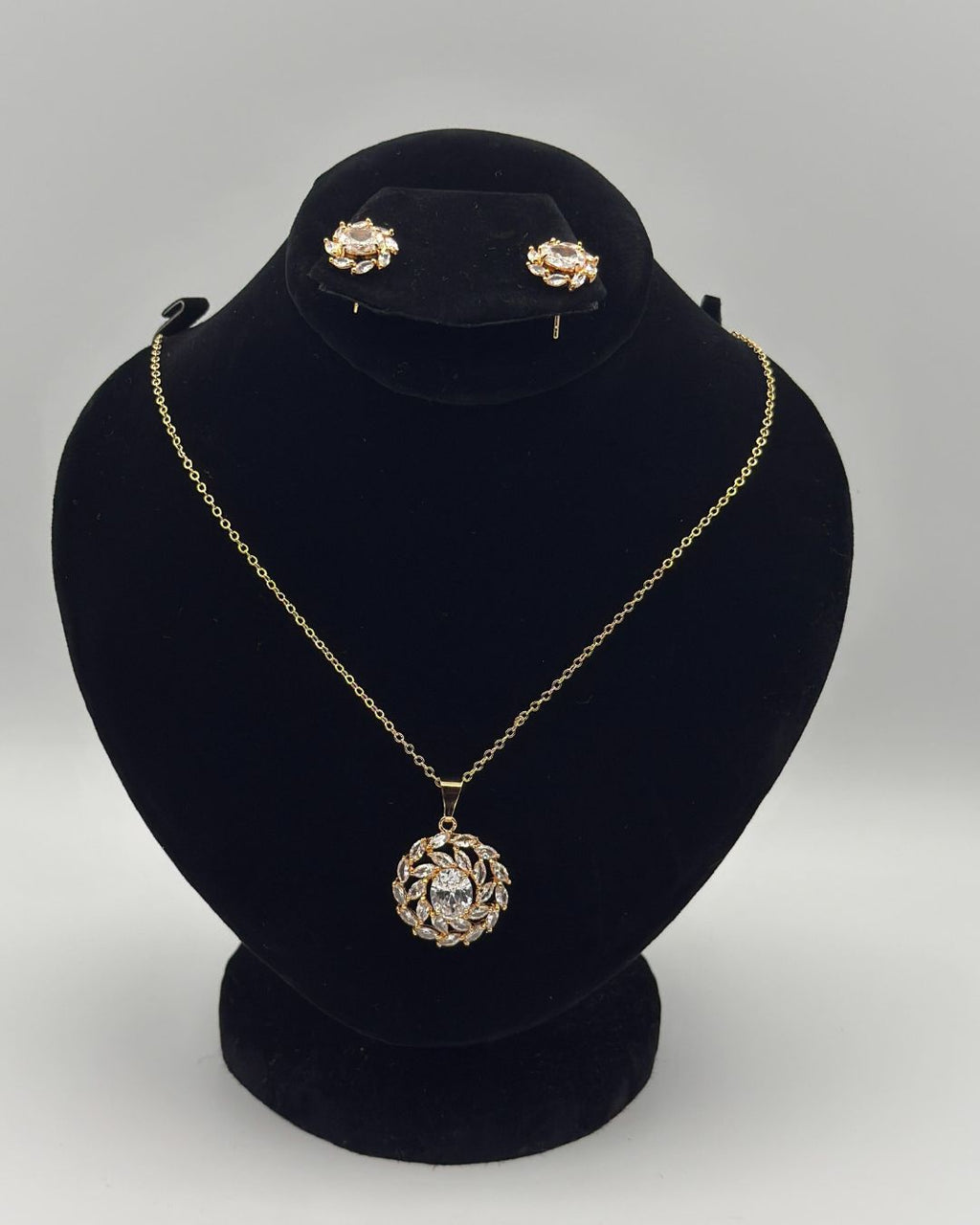 Gold White Crystal Halo Locket Set Necklace & Stud Earrings