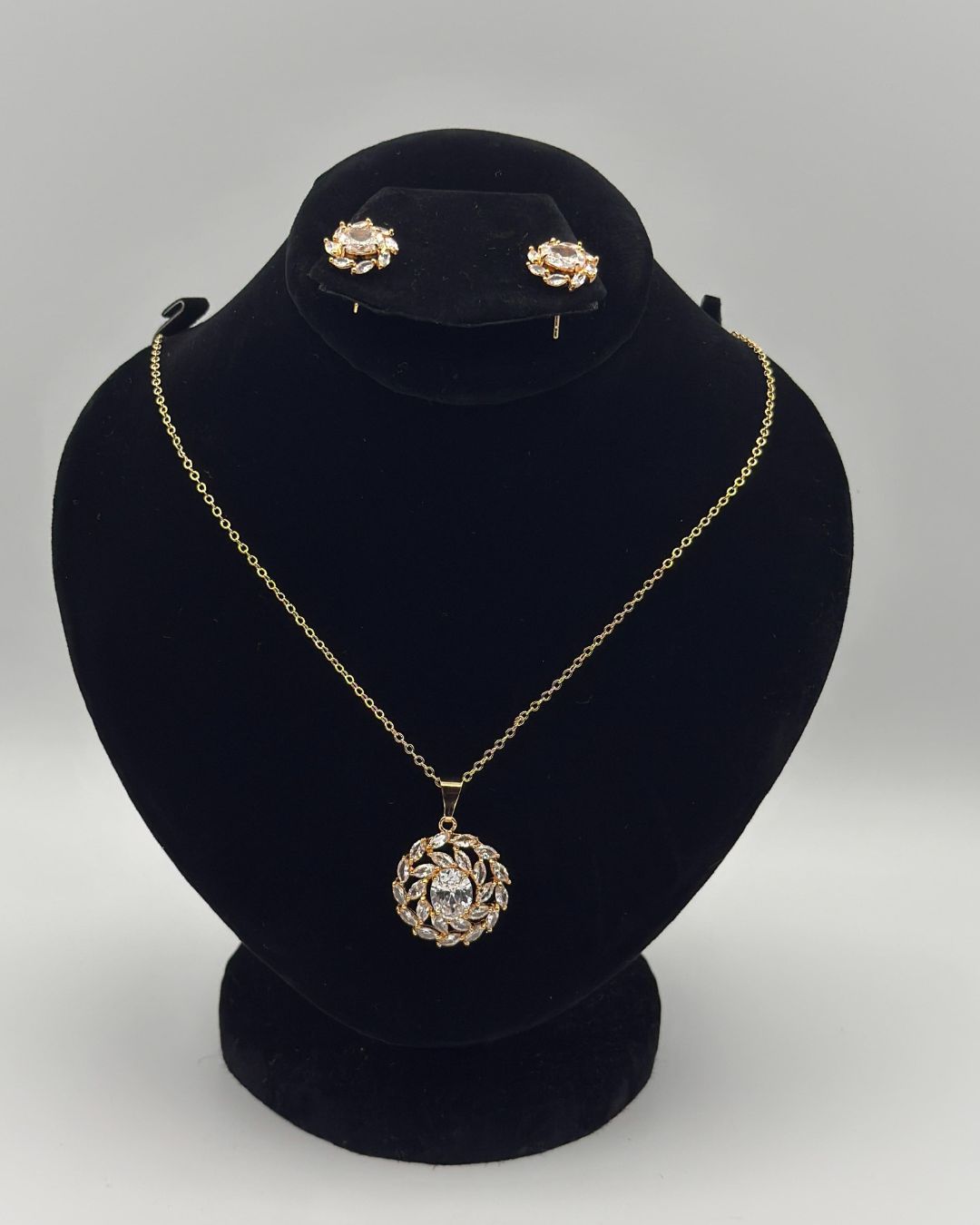 Gold White Crystal Halo Locket Set Necklace & Stud Earrings