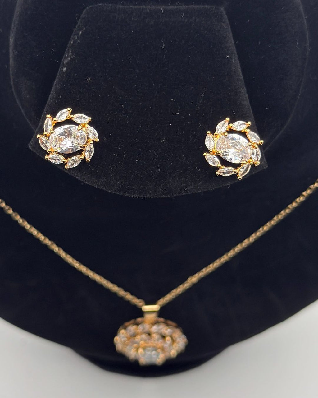 Gold White Crystal Halo Locket Set Necklace & Stud Earrings