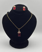 Gold-Red Stone Pendant & Stud Earrings Locket Set