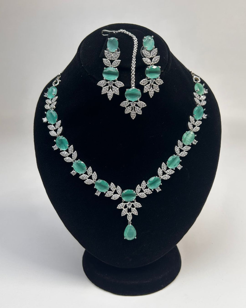Silver Zircon Party Wear Jewelry Set with Earrings & Tikka