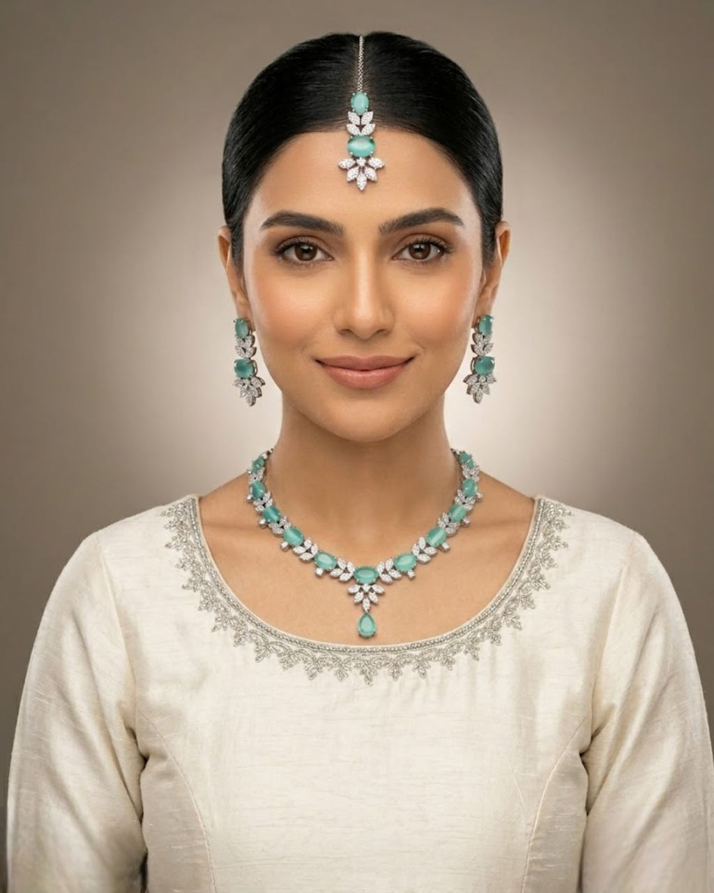 Silver Zircon Party Wear Jewelry Set with Earrings & Tikka