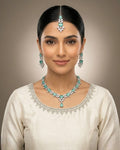 Silver Zircon Party Wear Jewelry Set with Earrings & Tikka