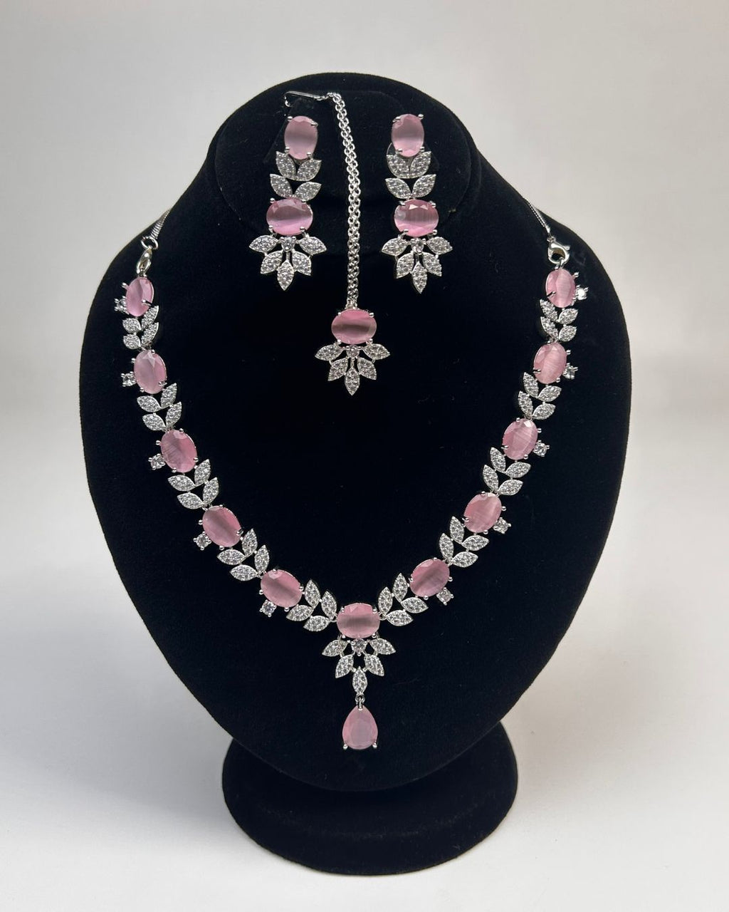 Silver Zircon Party Wear Jewelry Set with Earrings & Tikka