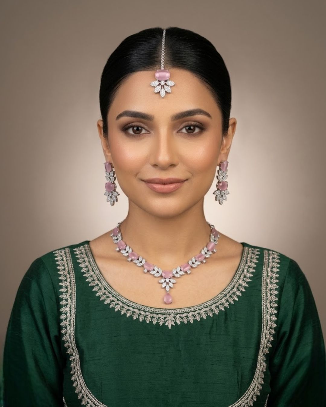 Silver Zircon Party Wear Jewelry Set with Earrings & Tikka