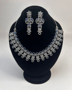 Silver Zircon Party Wear Necklace Set With Drop Earrings