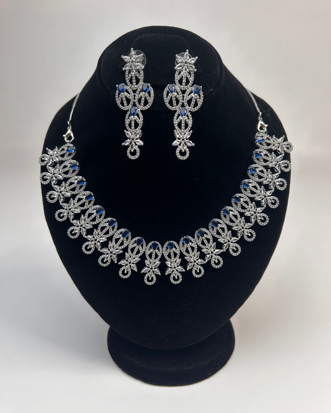 Silver Zircon Party Wear Necklace Set With Drop Earrings