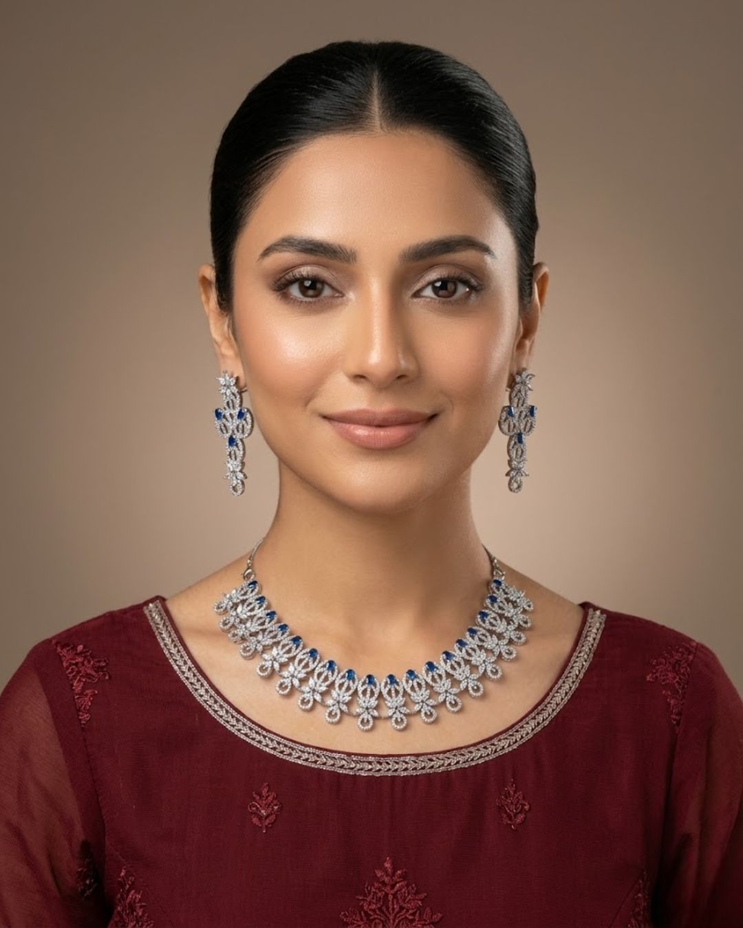 Silver Zircon Party Wear Necklace Set With Drop Earrings
