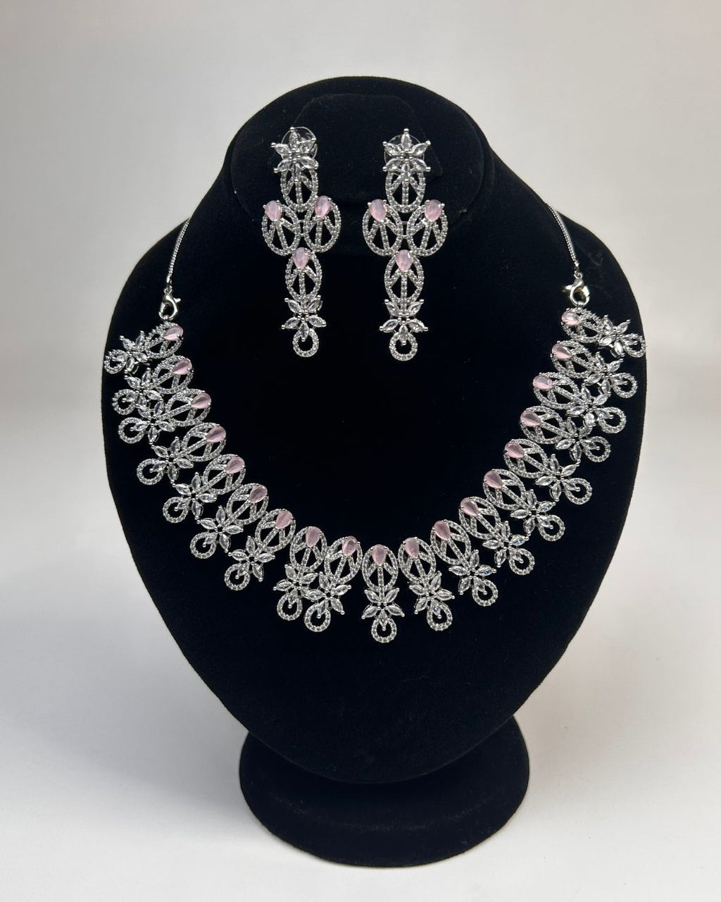 Silver Zircon Party Wear Necklace Set With Drop Earrings