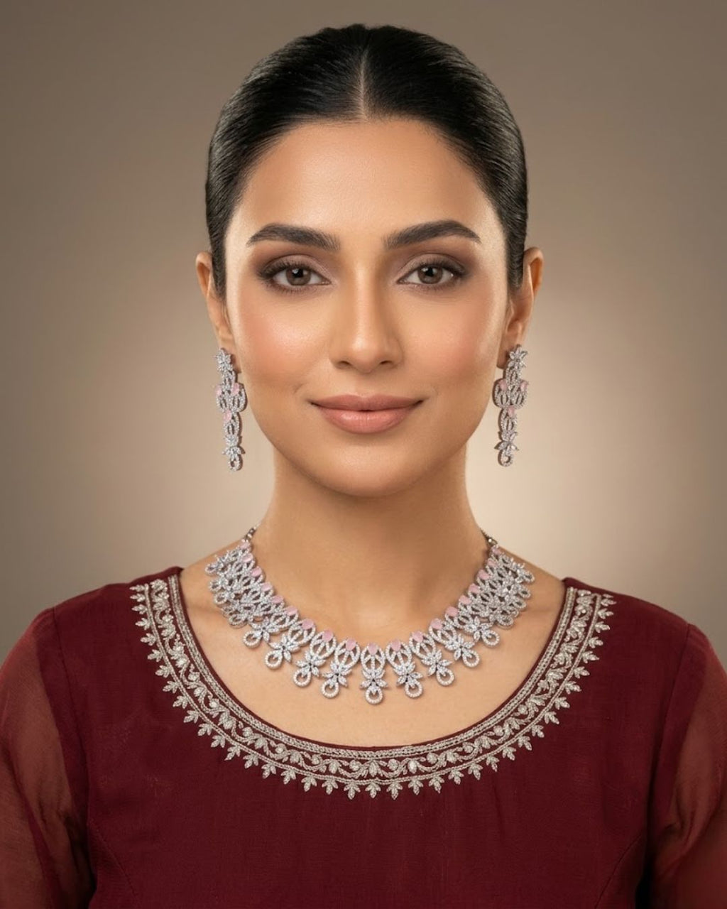 Silver Zircon Party Wear Necklace Set With Drop Earrings
