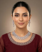Silver Zircon Party Wear Necklace Set With Drop Earrings