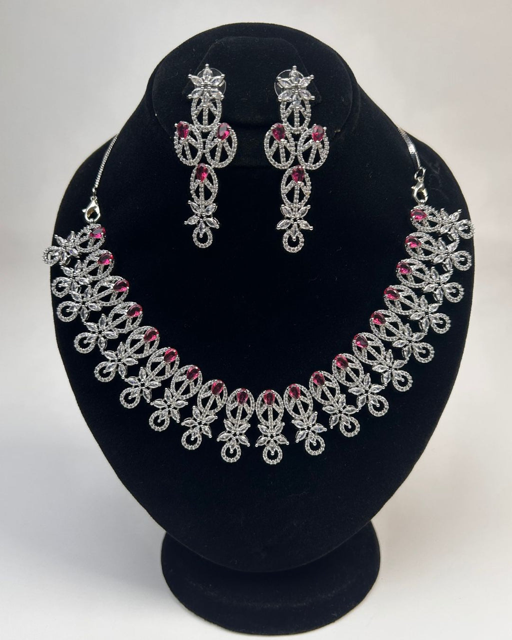 Silver Zircon Party Wear Necklace Set With Drop Earrings