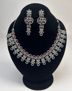 Silver Zircon Party Wear Necklace Set With Drop Earrings