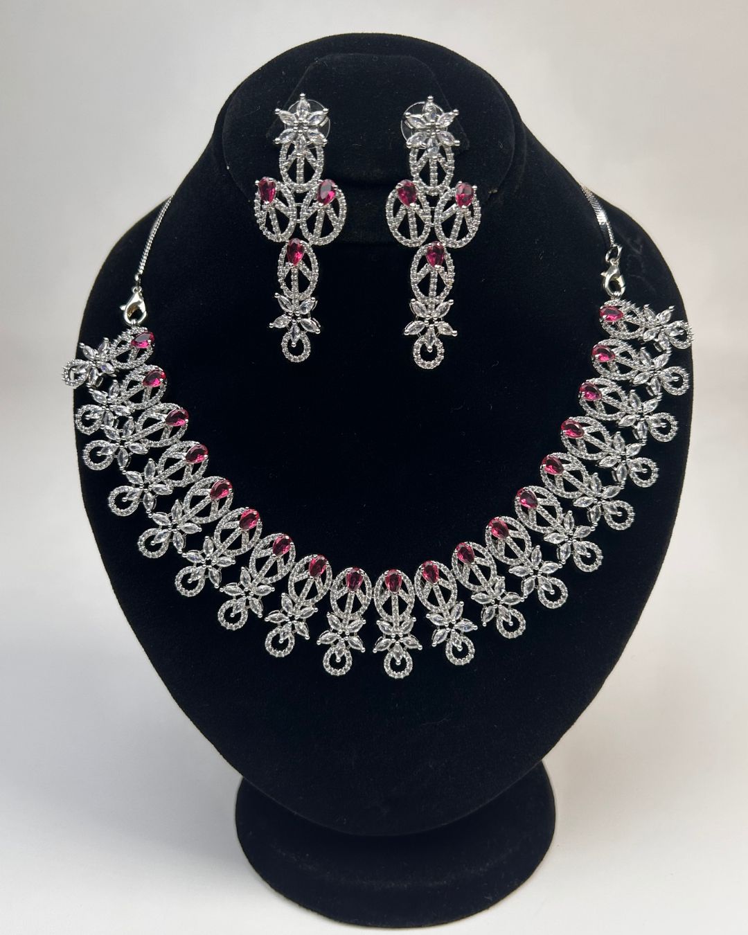 Silver Zircon Party Wear Necklace Set With Drop Earrings