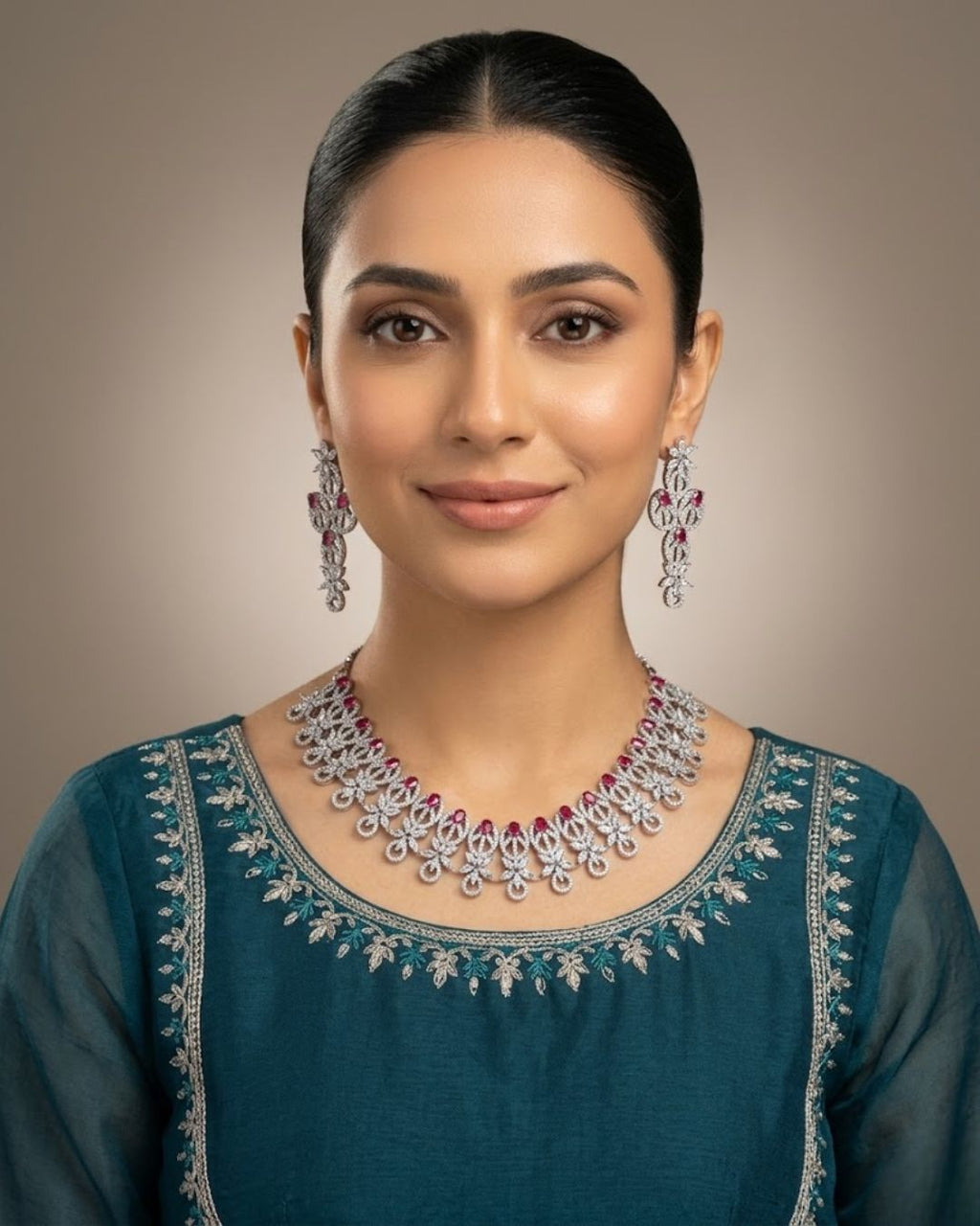 Silver Zircon Party Wear Necklace Set With Drop Earrings