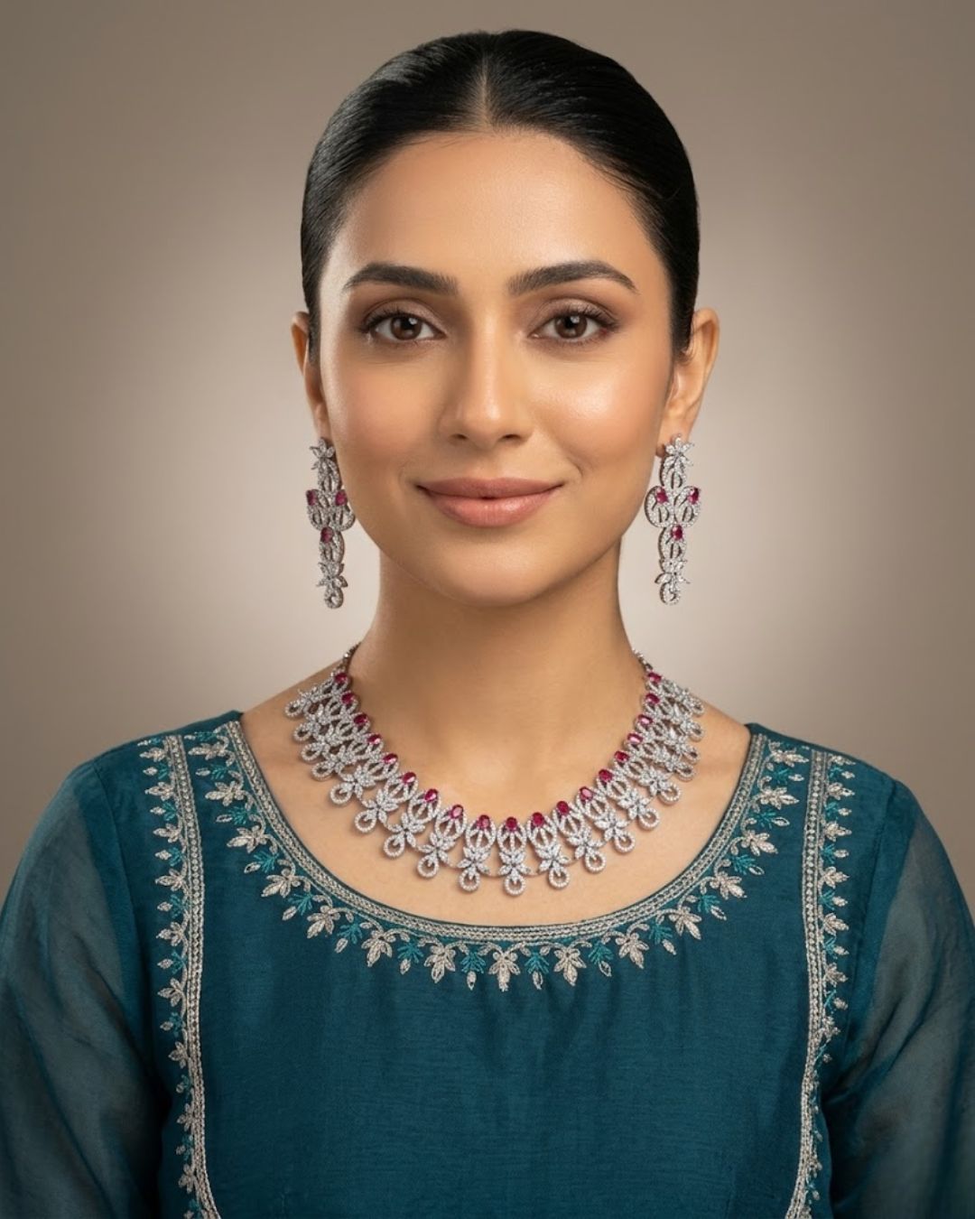 Silver Zircon Party Wear Necklace Set With Drop Earrings