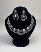 Silver Zircon Pearl Party Wear Necklace Set with Earrings
