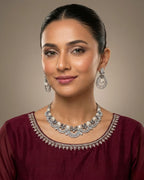 Silver Zircon Pearl Party Wear Necklace Set with Earrings