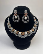 Silver Zircon Pearl Party Wear Necklace Set with Earrings