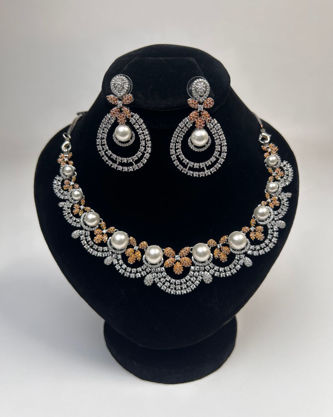 Silver Zircon Pearl Party Wear Necklace Set with Earrings