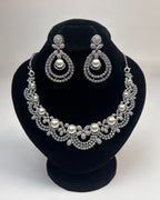 Silver Zircon Pearl Party Wear Necklace Set with Earrings