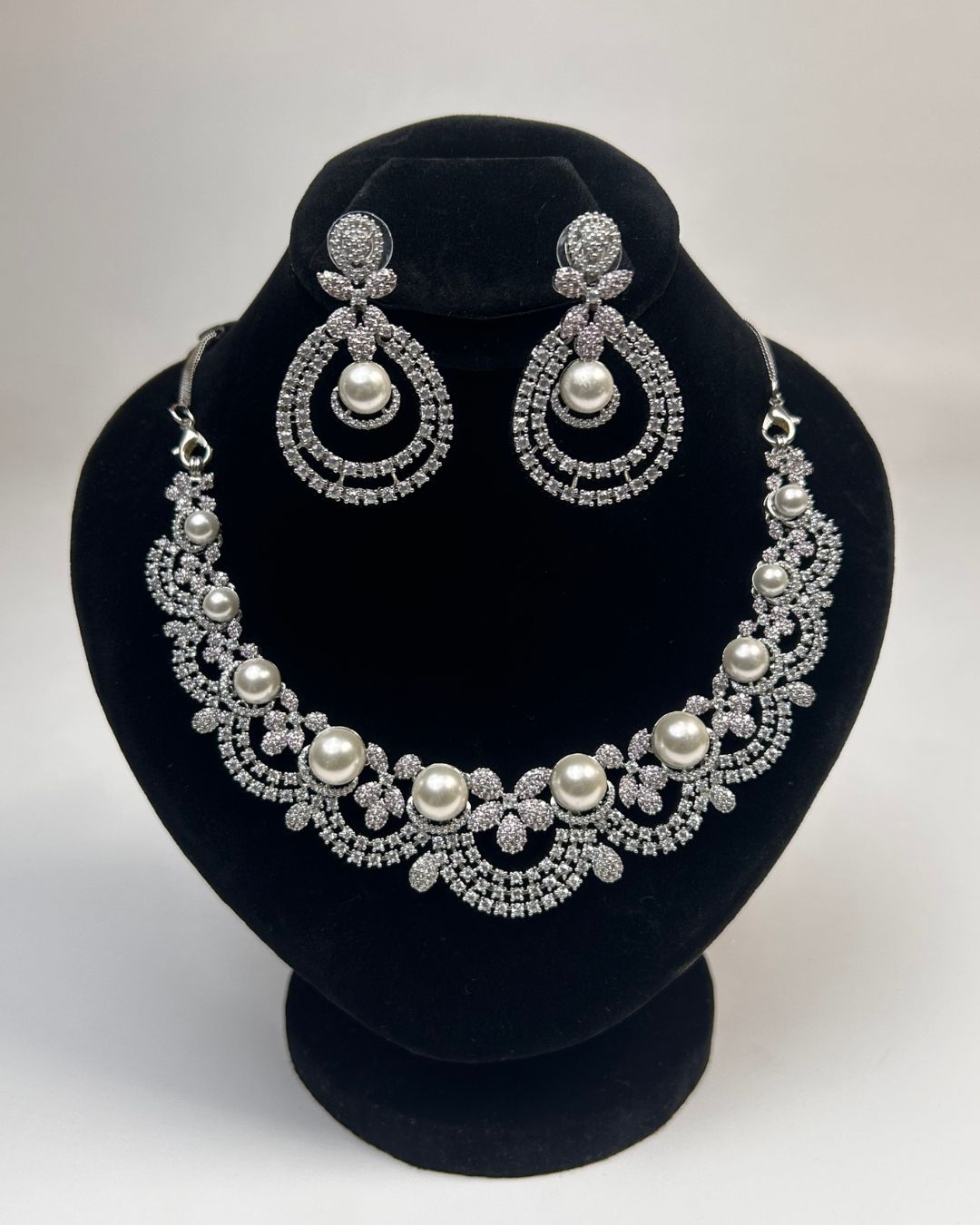 Silver Zircon Pearl Party Wear Necklace Set with Earrings