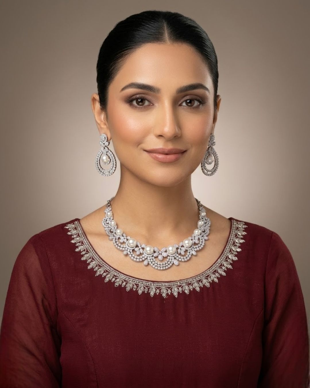 Silver Zircon Pearl Party Wear Necklace Set with Earrings
