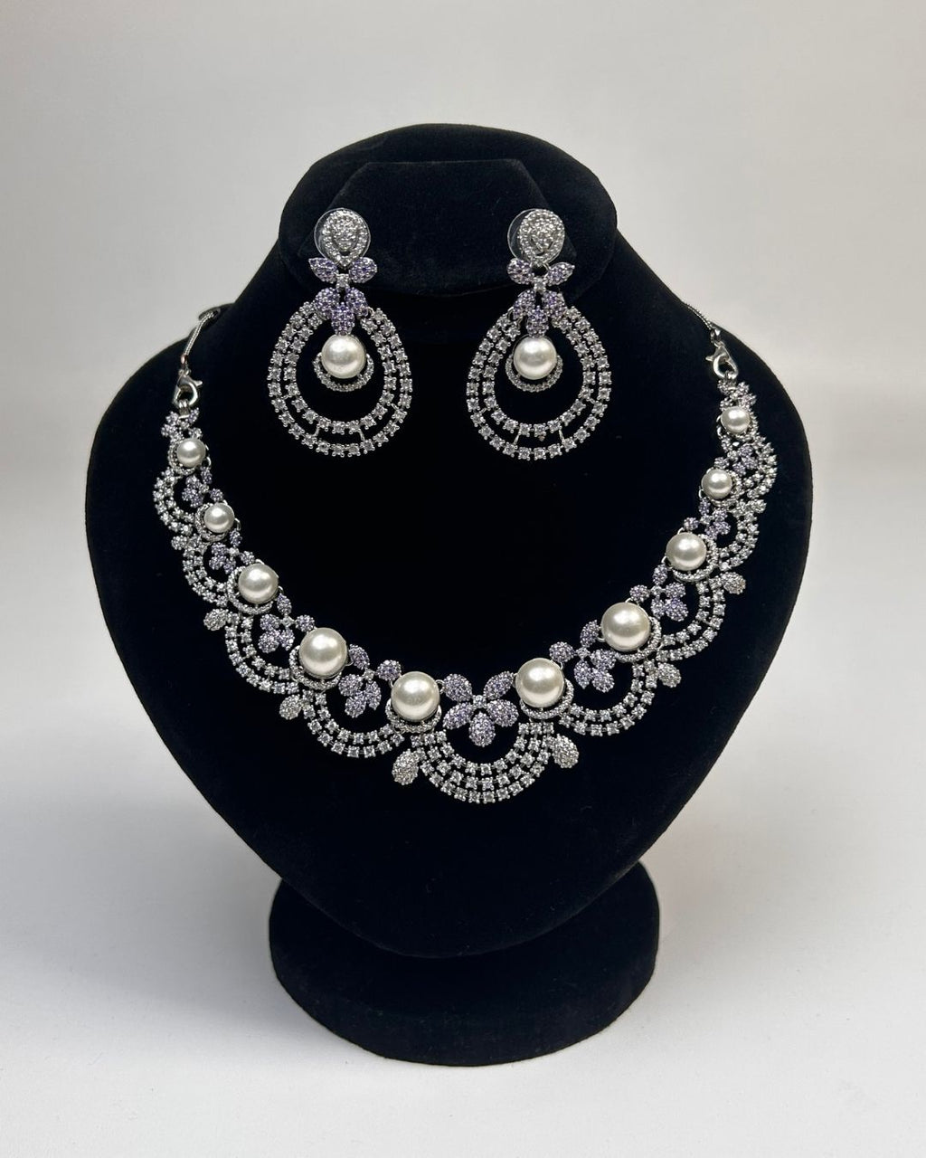 Silver Zircon Pearl Party Wear Necklace Set with Earrings