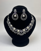 Silver Zircon Pearl Party Wear Necklace Set with Earrings