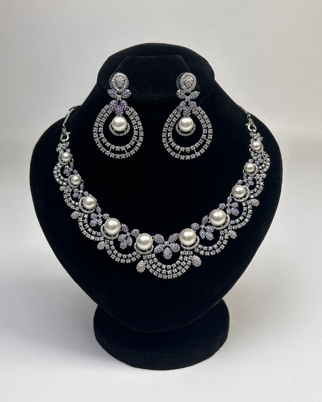 Silver Zircon Pearl Party Wear Necklace Set with Earrings