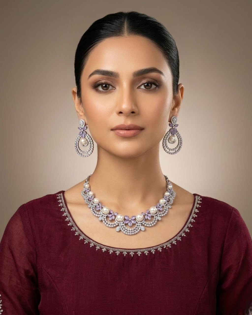 Silver Zircon Pearl Party Wear Necklace Set with Earrings
