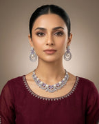 Silver Zircon Pearl Party Wear Necklace Set with Earrings