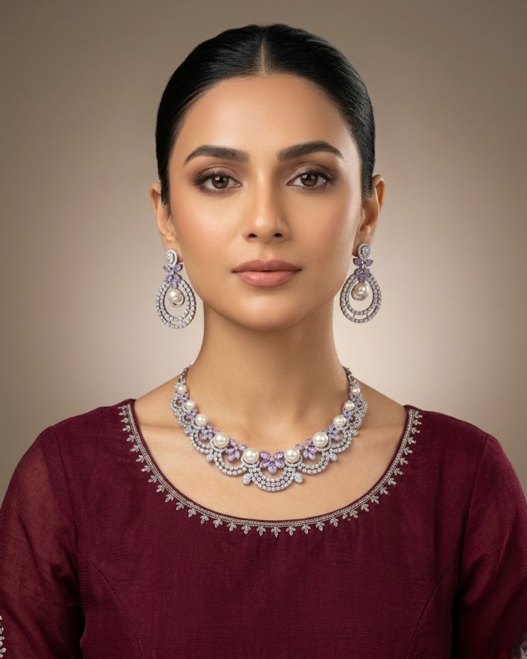 Silver Zircon Pearl Party Wear Necklace Set with Earrings