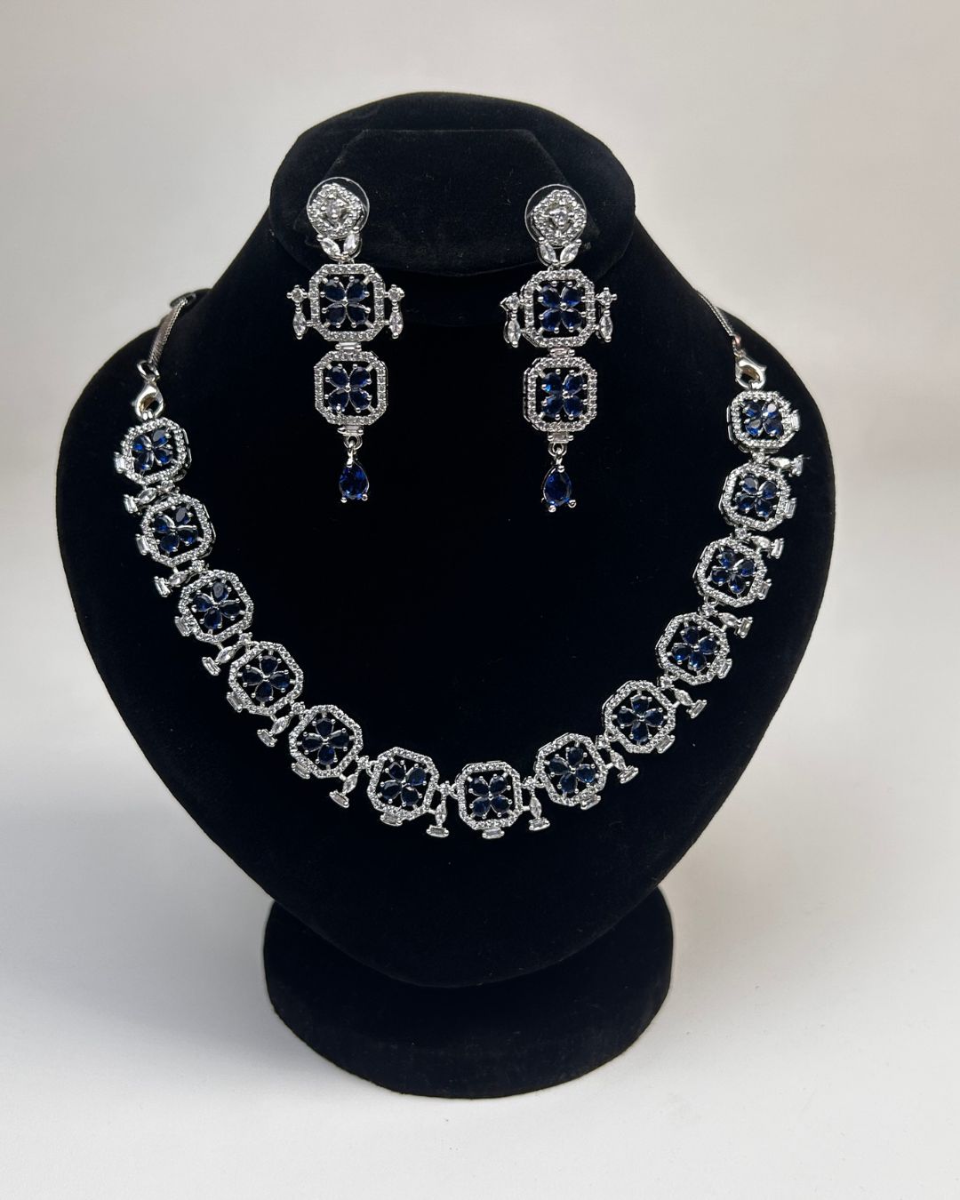 Silver Zircon Floral Party Wear Necklace Set with Earrings