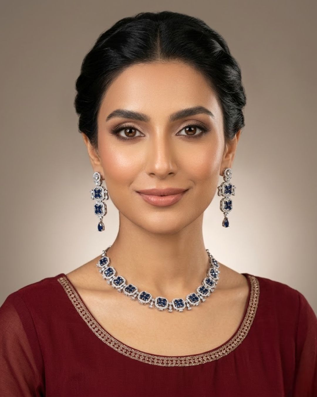 Silver Zircon Floral Party Wear Necklace Set with Earrings