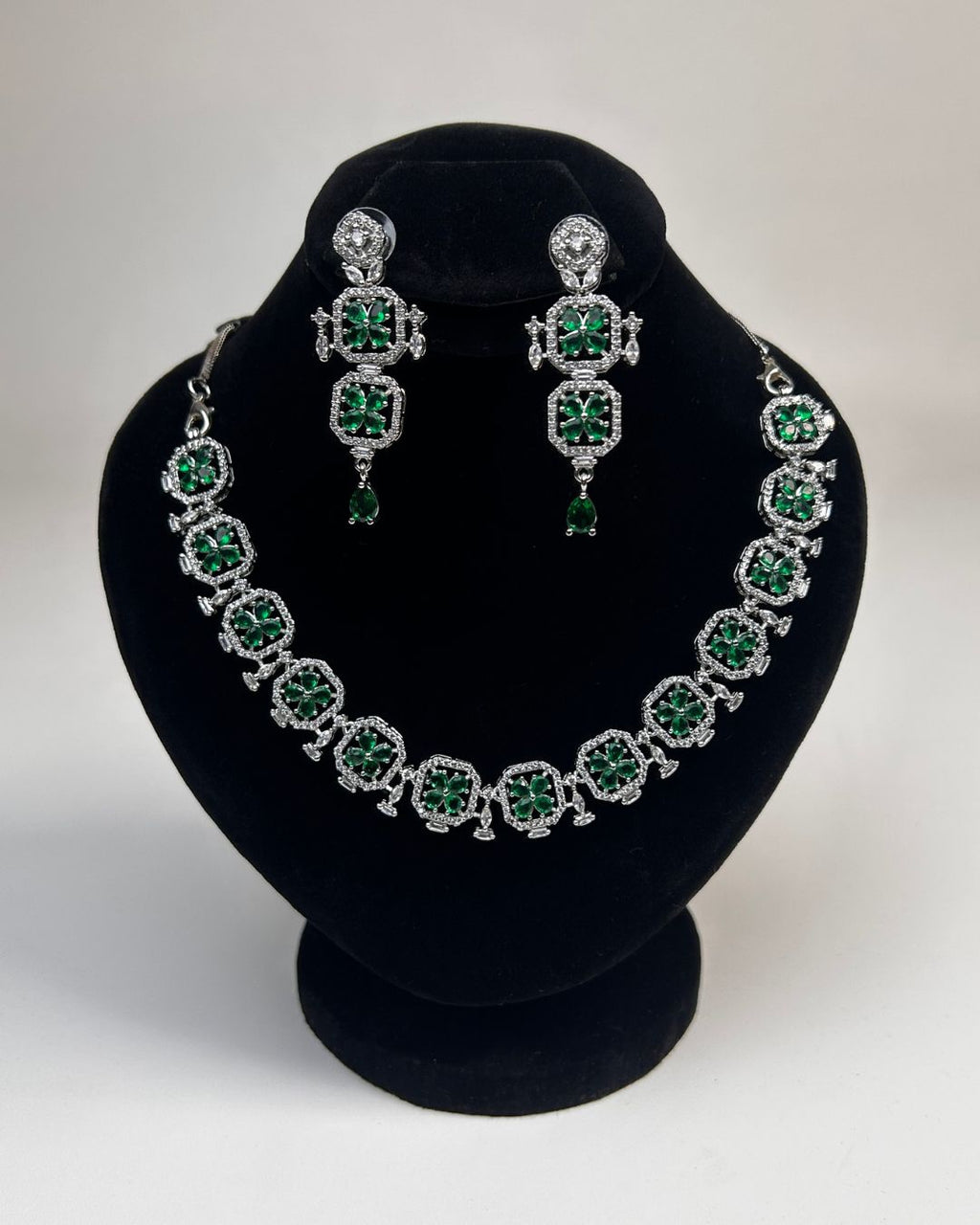 Silver Zircon Floral Party Wear Necklace Set with Earrings