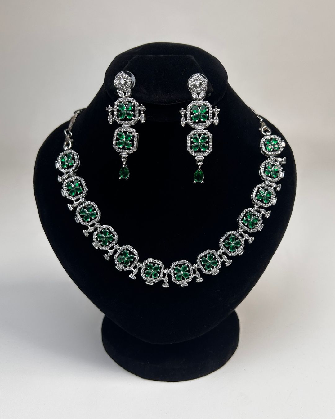 Silver Zircon Floral Party Wear Necklace Set with Earrings