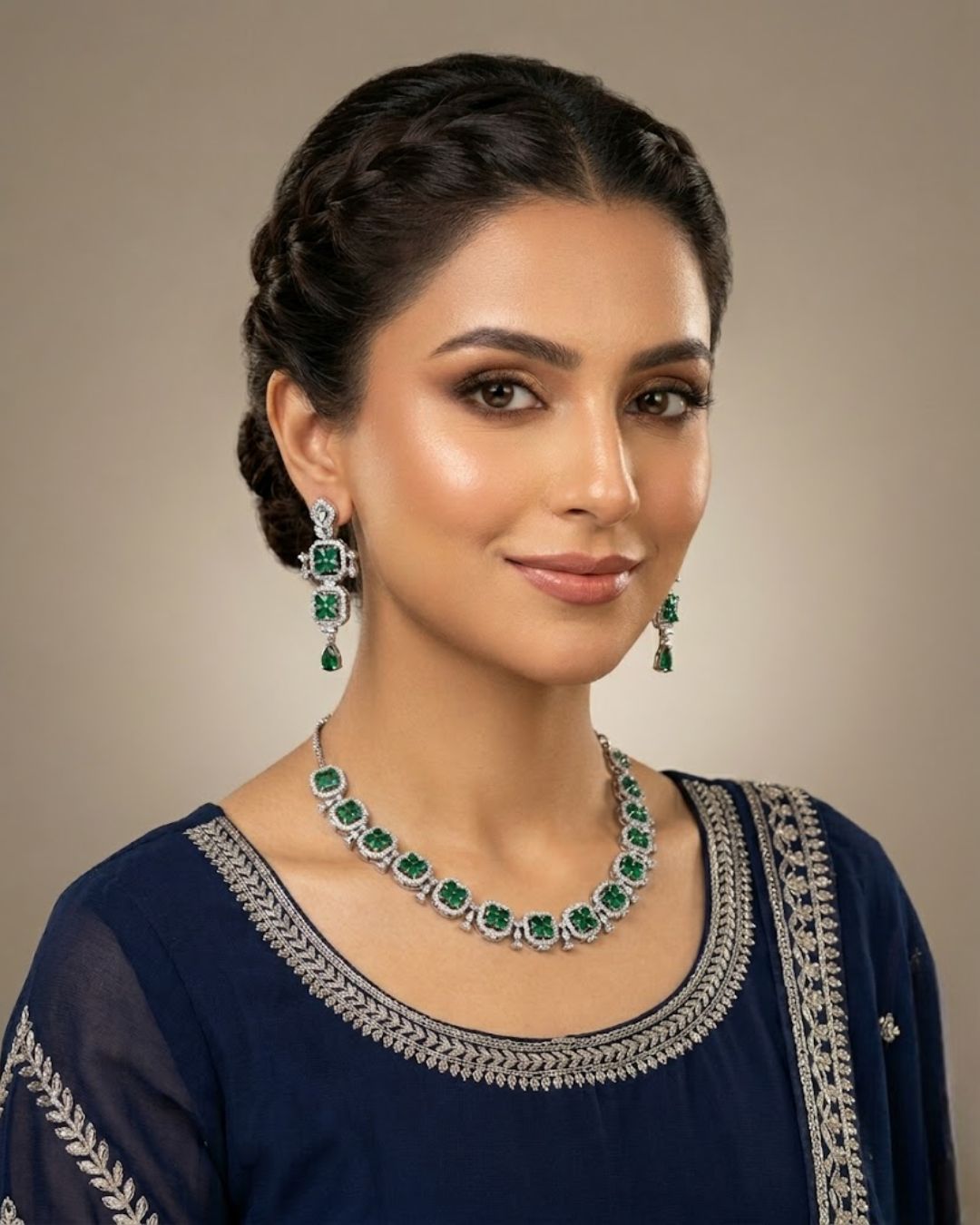 Silver Zircon Floral Party Wear Necklace Set with Earrings