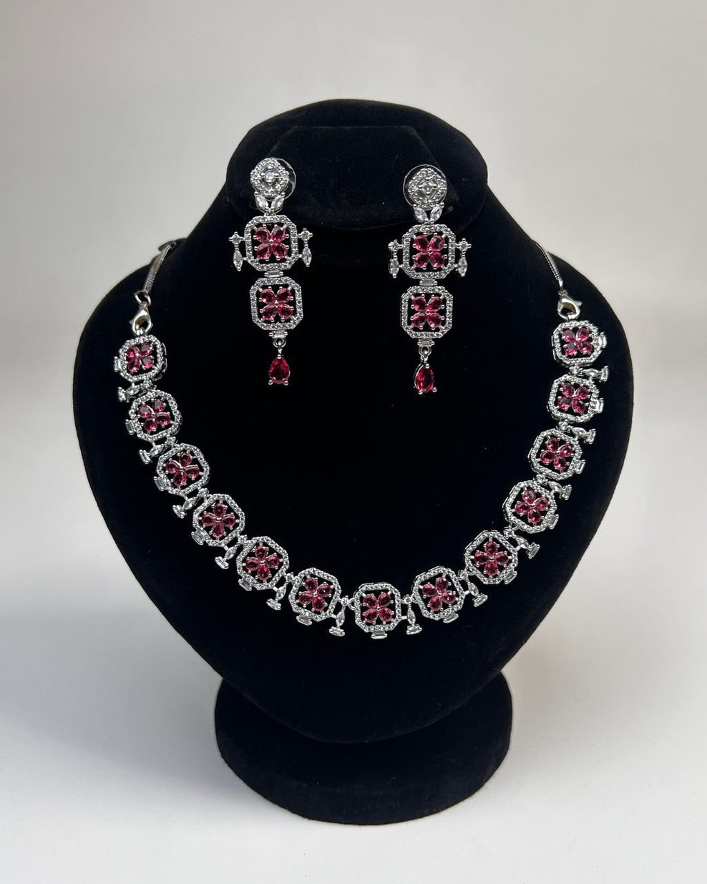 Silver Zircon Floral Party Wear Necklace Set with Earrings