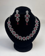 Silver Zircon Floral Party Wear Necklace Set with Earrings