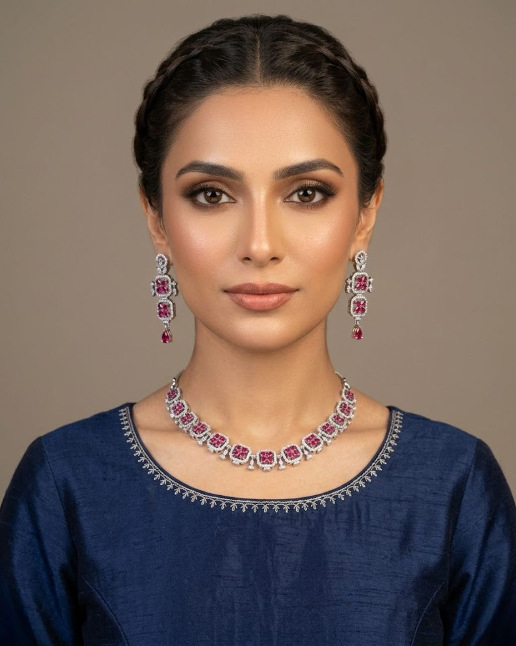 Silver Zircon Floral Party Wear Necklace Set with Earrings