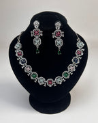 Silver Zircon Floral Party Wear Necklace Set with Earrings