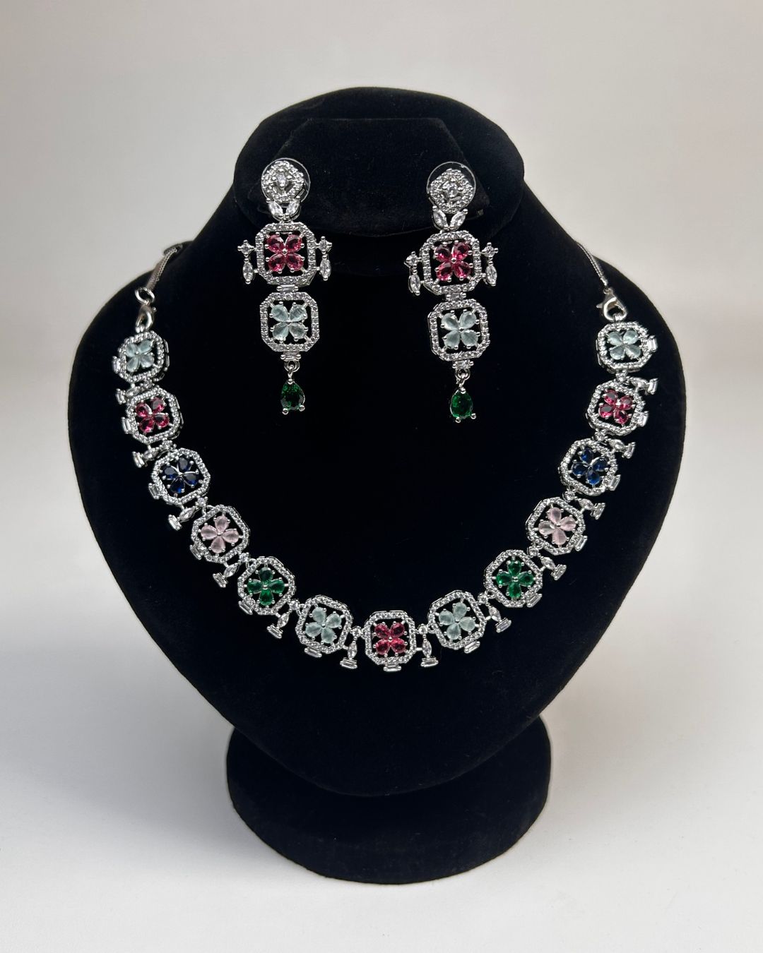 Silver Zircon Floral Party Wear Necklace Set with Earrings