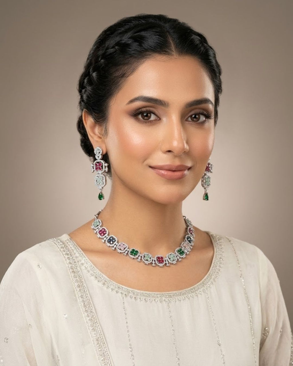 Silver Zircon Floral Party Wear Necklace Set with Earrings