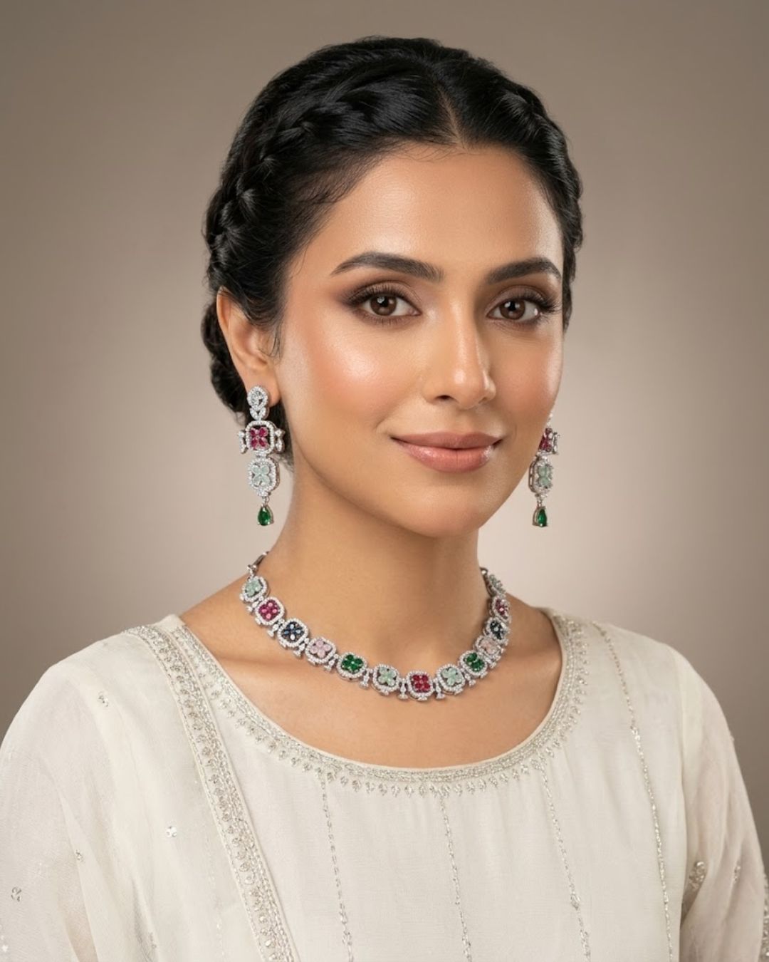 Silver Zircon Floral Party Wear Necklace Set with Earrings