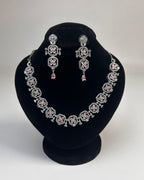 Silver Zircon Floral Party Wear Necklace Set with Earrings